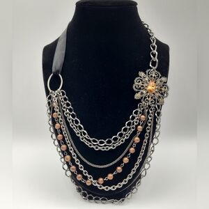 Layered Chain Statement Necklace Amber Rhinestone Multi Strand Y2K